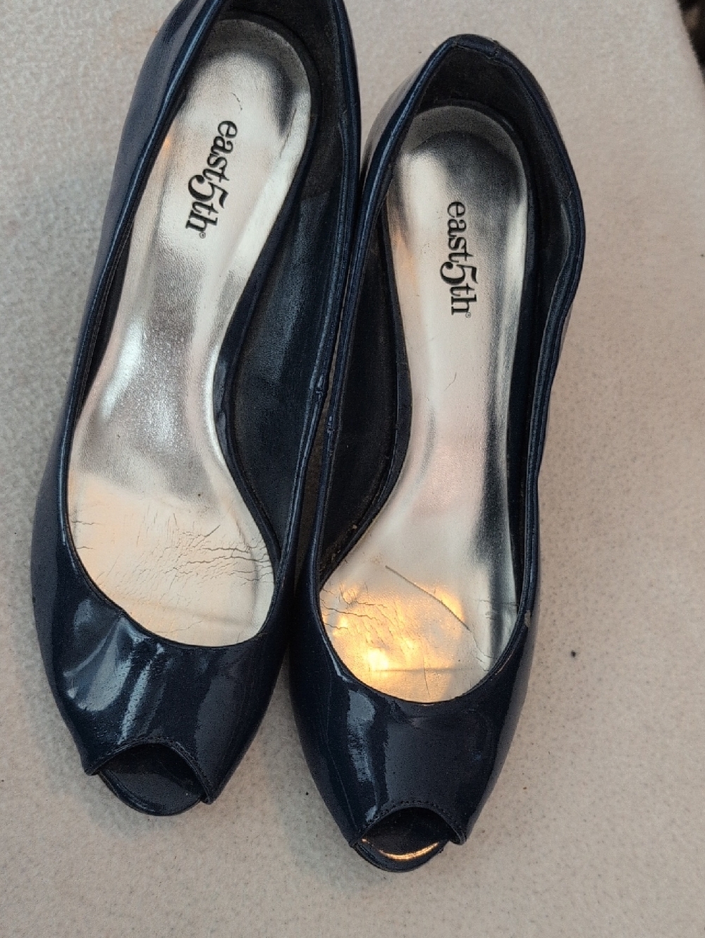 East 5th Navy Patent Peep-Toe Flats